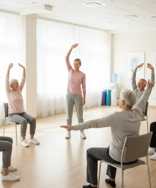 Older adults doing seated stretching exercises during a wellness class at Bella Vista Assisted Living