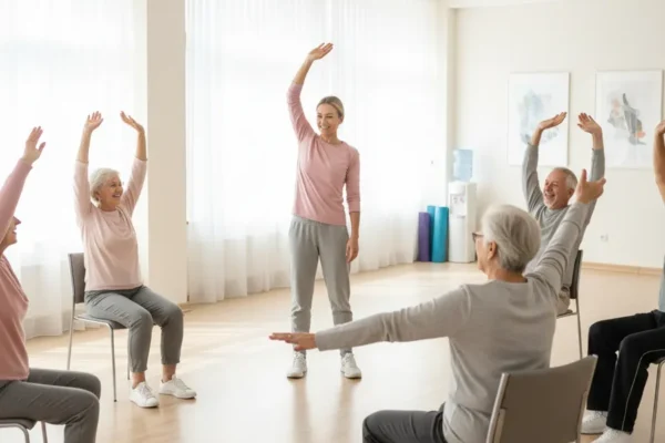 Older adults doing seated stretching exercises during a wellness class at Bella Vista Assisted Living