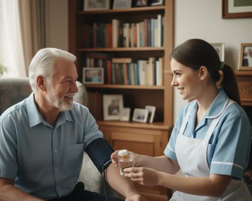 Nurse measuring blood pressure and handing medication to an elderly man in a cozy living room