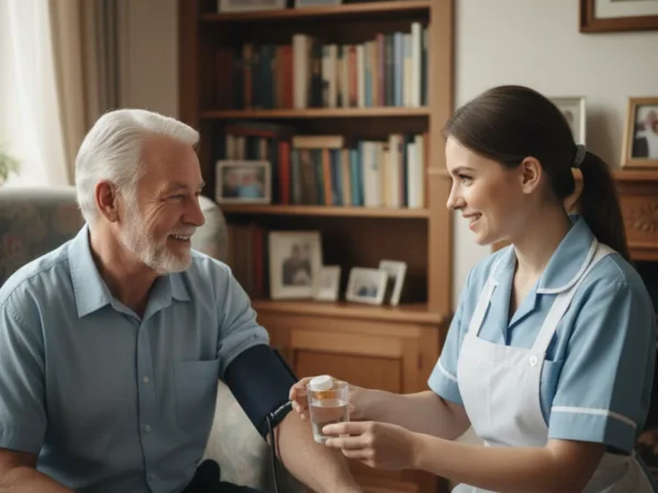 Nurse measuring blood pressure and handing medication to an elderly man in a cozy living room