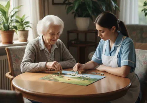 Elderly woman and caregiver working on a puzzle together at a wooden table in assisted living home