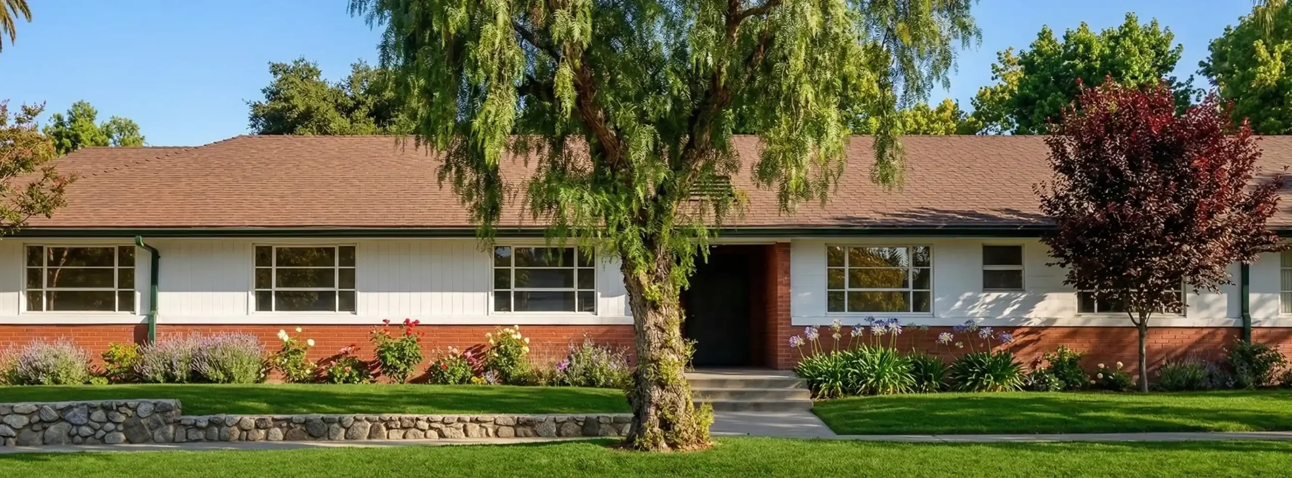 A wide-angle, symmetrical exterior shot of a single-story residential building under a bright, clear blue sky. The building features a classic red-brick lower half and white paneled upper walls with large, clean windows. A lush green lawn fills the foreground, complemented by a low stone wall and vibrant flower beds. A tall tree with weeping green foliage is centered in the frame, casting soft shadows across the manicured grass.