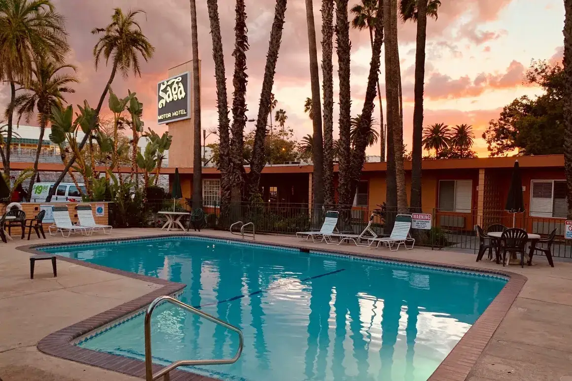 outdoor pool at Saga Motor Hotel with palm trees at sunset