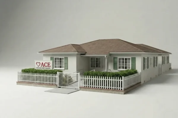 3D exterior model of ACE Senior Care Manor, a small residential care home in Pasadena, with white picket fence and front gate.