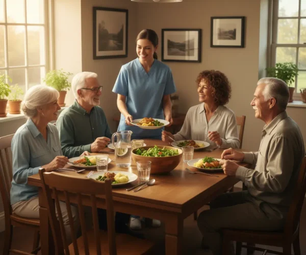 A caregiver serving a meal to a group of older adults gathered around a dining table in a warm, bright assisted living environment.