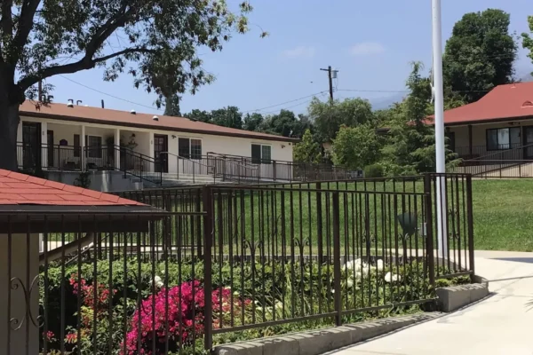Courtyard and residential buildings of The British Home in Sierra Madre, California
