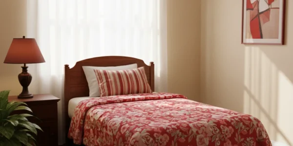 Assisted-living bedroom with wooden bed, red floral bedding, striped pillows and bedside lamp by sheer curtained window