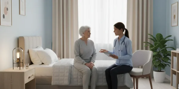 Female doctor talking with older woman during house-call visit in modern light-blue bedroom with beige curtains