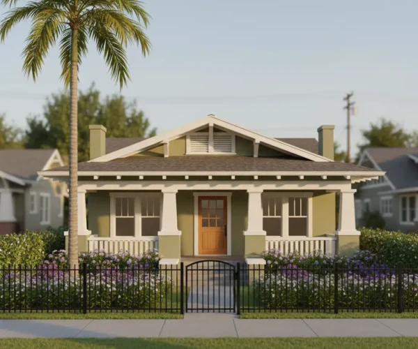 A small single-story craftsman-style home with a front porch, white pillars, and a garden behind a black fence on a quiet residential street.
