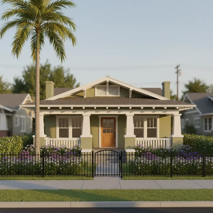 craftsman-home-front-view-assisted-living A small single-story craftsman-style home with a front porch, white pillars, and a garden behind a black fence on a quiet residential street.