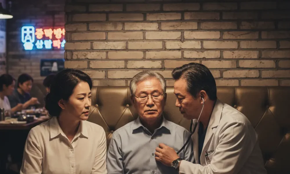 Doctor checking an older man’s heart at a Korean restaurant booth, Urban Pocha medical support concept