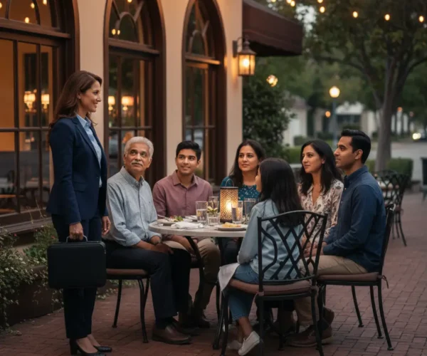 Doctor2me house-call physician calmly speaking with a multigenerational family at an outdoor Pasadena restaurant in the evening