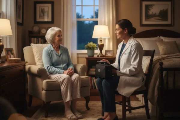 House-call physician talking with an older resident in a warm bedroom setting at a Pasadena residential care home during an evening visit.