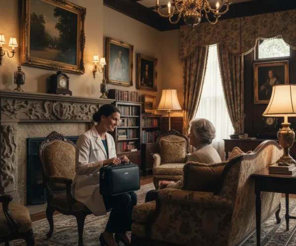 House-call physician speaking with an older adult inside an elegant Victorian living room in Pasadena, highlighting modern medical support in a historic home.
