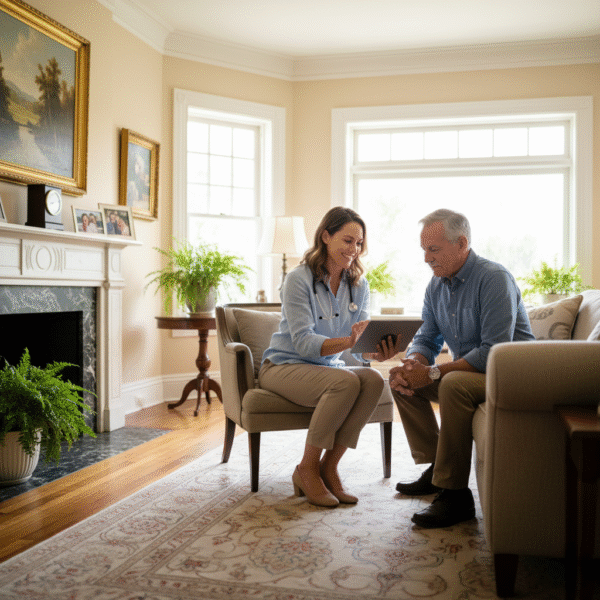A female doctor meeting with an older man in a bright Pasadena living room, reviewing information together on a digital tablet.