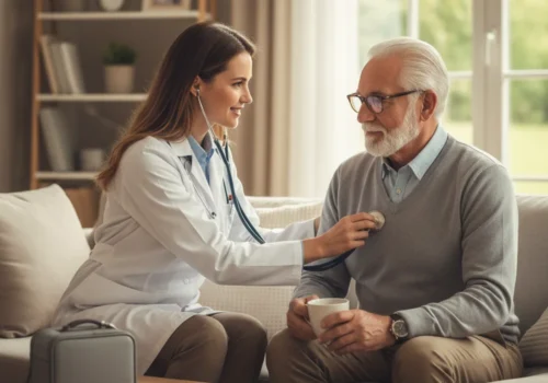 Female doctor listening to an elderly man’s heartbeat during a home medical visit.