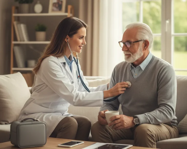 doctor_home_visit_elderly_checkup Female doctor listening to an elderly man’s heartbeat during a home medical visit.