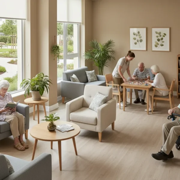Residents relaxing and socializing in a bright assisted living common area.