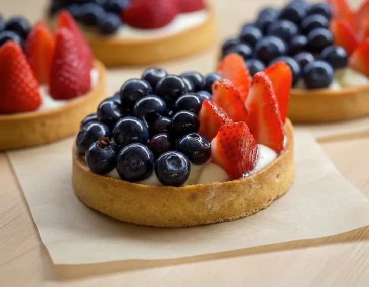 tartine-pasadena-mixed-berry-tart Round fruit tart topped with fresh blueberries and sliced strawberries on parchment paper.