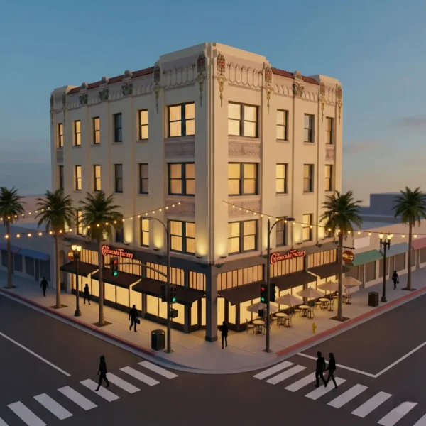 3D evening render of The Cheesecake Factory Pasadena corner building with warm lights, palm trees and outdoor seating