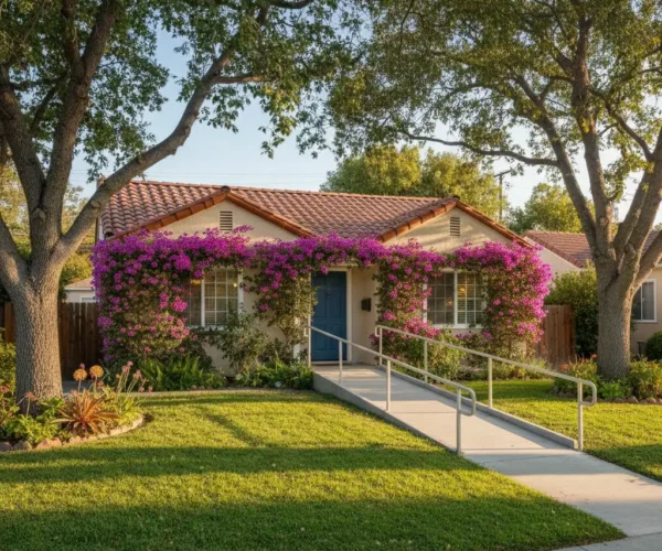 Front exterior view of The Cottage residential care home in Pasadena, with flowering vines, green lawn, and an accessible entry ramp.