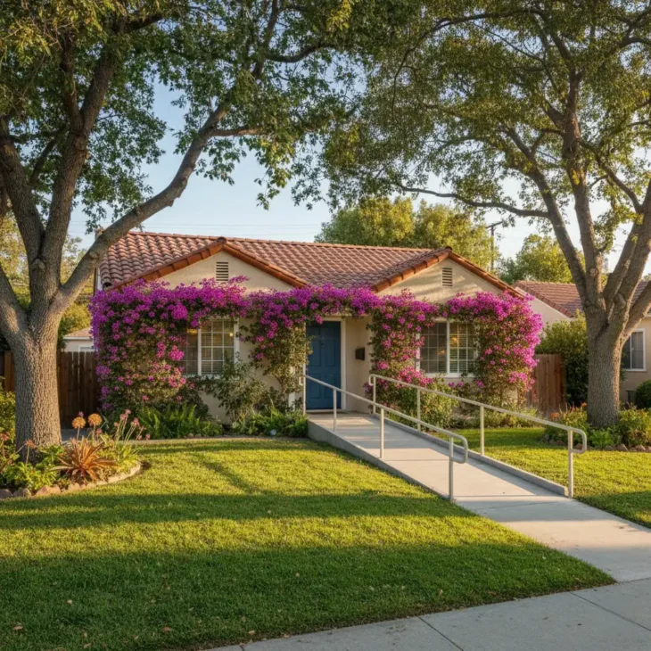 the-cottage-pasadena-front-exterior-ramp Front exterior view of The Cottage residential care home in Pasadena, with flowering vines, green lawn, and an accessible entry ramp.