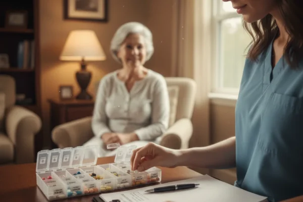 Caregiver organizing a weekly pill box for an older resident in a cozy living room at The Cottage in Pasadena.