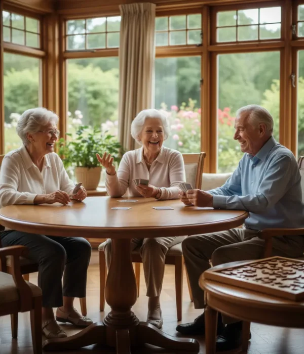Three older adults laughing and playing cards together in a bright common room at a small Pasadena care home.