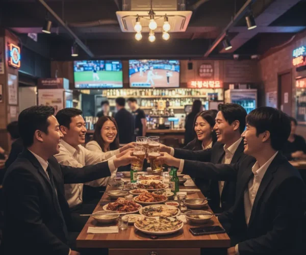 Group of coworkers raising beer glasses over a long table of Korean dishes at Urban Pocha