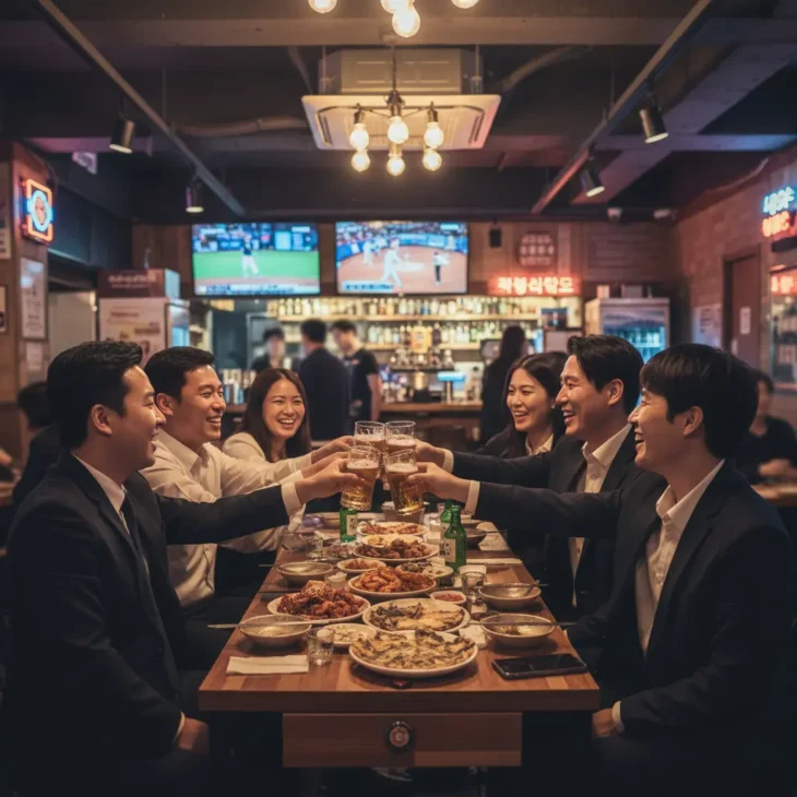 urban-pocha-group-dinner-cheers Group of coworkers raising beer glasses over a long table of Korean dishes at Urban Pocha