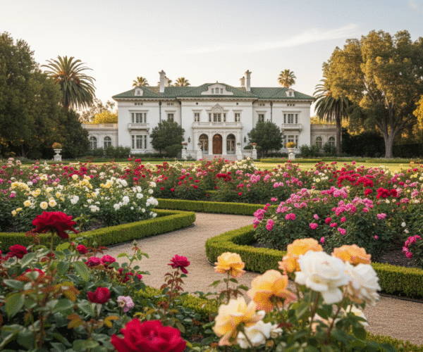A wide view of Wrigley Gardens with colorful rose beds leading toward the historic Wrigley Mansion on a bright afternoon.