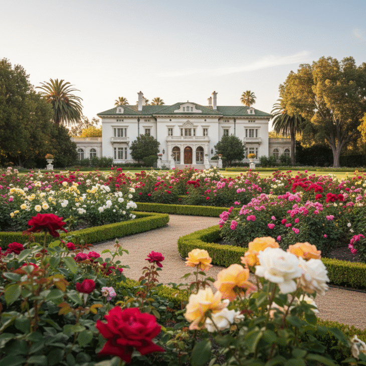 wrigley-gardens-rose-parterre-with-mansion A wide view of Wrigley Gardens with colorful rose beds leading toward the historic Wrigley Mansion on a bright afternoon.
