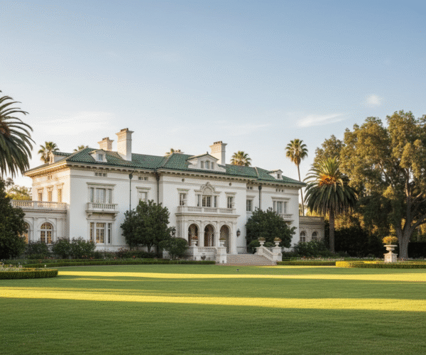 Wrigley Mansion in Pasadena photographed at sunset, showcasing its Italian Renaissance architecture, green tile roof, and expansive front lawn.