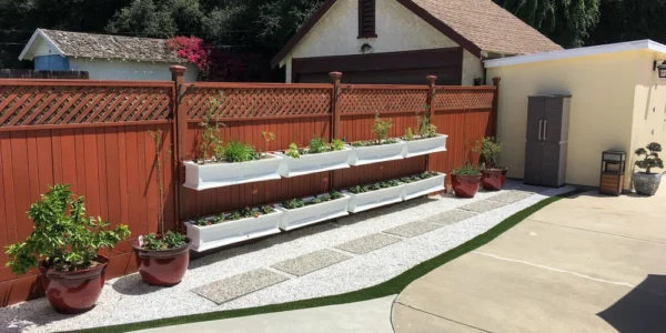 A bright, private, and fenced backyard area featuring a modern vertical garden with white planter boxes mounted on a reddish-brown wooden fence. The ground has a combination of light gravel, concrete paving, and small patches of artificial grass.