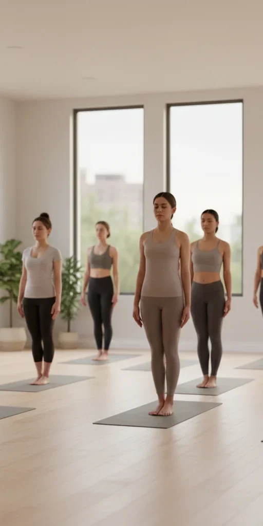 Group yoga class standing in mountain pose on mats inside a spacious studio with large windows and natural light.