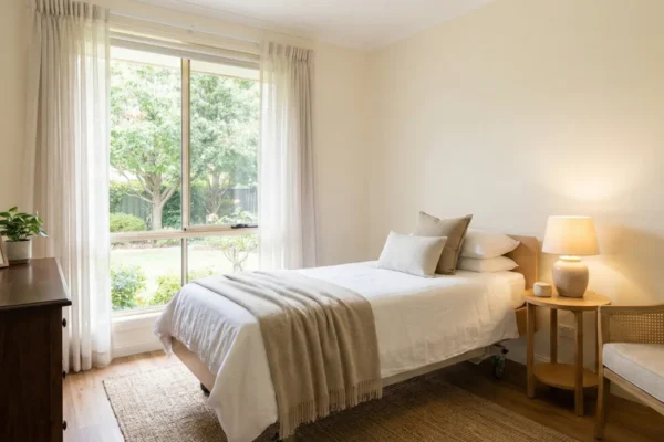 Bright private bedroom in an assisted living home with single bed, soft linens, and large window facing the garden.