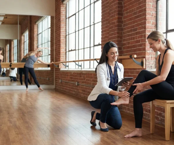 Female doctor kneeling and examining a client’s ankle with a tablet in a brick-walled barre studio while other women stretch at the barre in the background