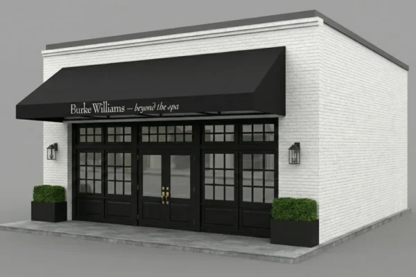 3D model of the Burke Williams Day Spa Pasadena storefront with white brick walls, black awning, and glass double doors.