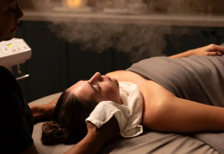 burke-williams-pasadena-facial-steam-treatment Woman relaxing during a facial steam treatment at Burke Williams Day Spa, lying on a massage table with a warm towel under her neck.
