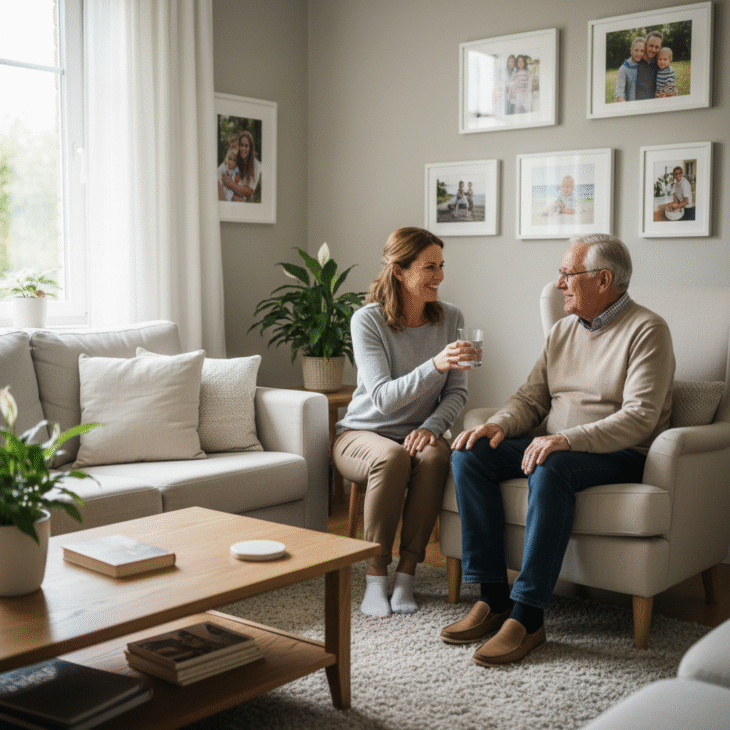 caregiver-offering-water-to-older-man-in-living-room Caregiver talking with an older man in a bright living room while offering a glass of water.