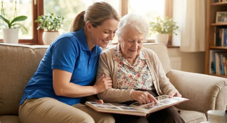 caregiver-with-older-woman-photo-album Female caregiver sitting with an older woman on a sofa, smiling while looking through a family photo album together.