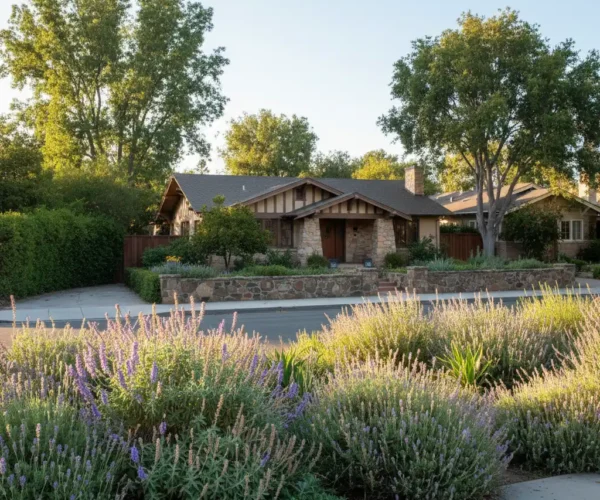 A view from a residential street of a charming Craftsman-style home made of stone and wood. The house is fronted by a low stone wall and a thriving garden featuring drought-tolerant plants and large bushes of purple flowering sage in the foreground. Mature trees frame the house under a clear, sunny sky.