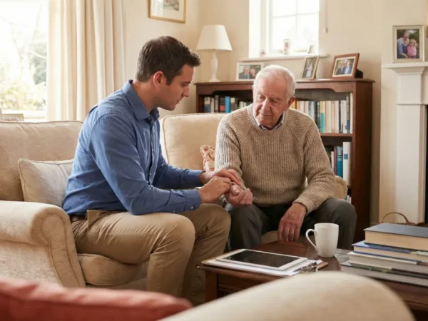 Doctor or caregiver talking with an older man in a home living room, gently examining his hand during a visit.