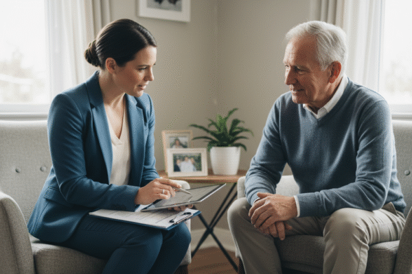 Clinician discusses a care plan with an older adult during an in-home visit in a quiet living room.