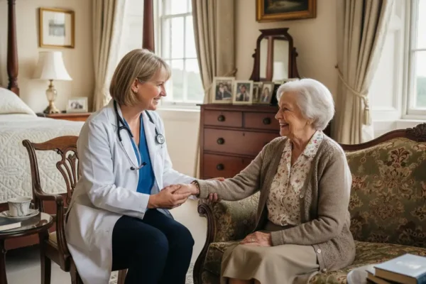 A visiting physician from Doctor2me providing a private medical consultation to an elderly female resident in the comfort of her room, illustrating the convenience of in-home healthcare services.