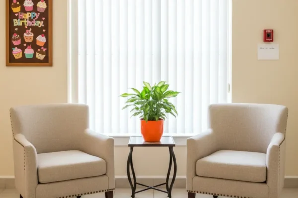 Cozy seating corner with two upholstered armchairs and a potted plant in the common area at Grant Serenity Homes of Pasadena.