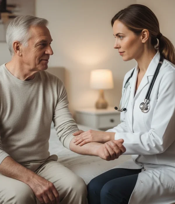 House call doctor checking an older man’s arm during a calm home visit in a bedroom at Grant Serenity Homes of Pasadena.
