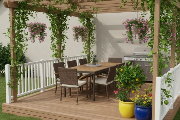 Outdoor pergola patio with dining table, hanging flowers, and grill at Grant Serenity Homes of Pasadena.