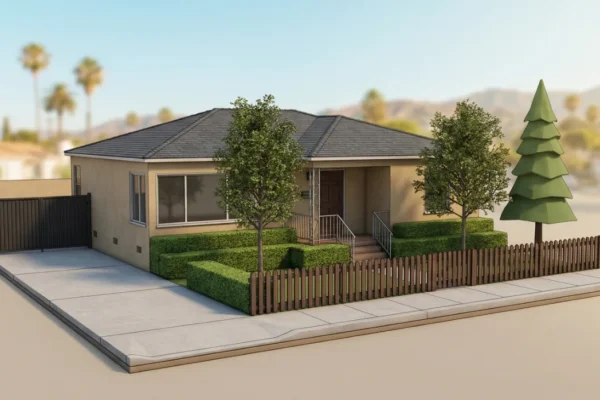 3D miniature model of Grant Serenity Homes of Sierra Madre exterior with hedges, fence, and driveway in Pasadena.