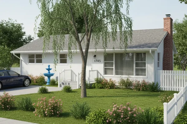 Front exterior of Grant Serenity Homes of Pasadena with landscaped yard, willow tree, and blue fountain.